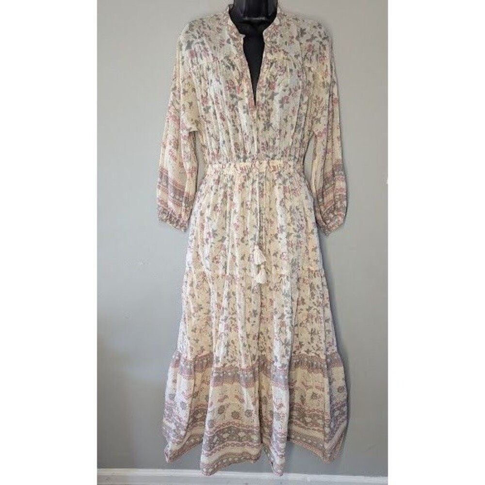 Cleobella Floral Print Drawstring Waist Aankle Tiered Boho Maxi Dress Sz XS